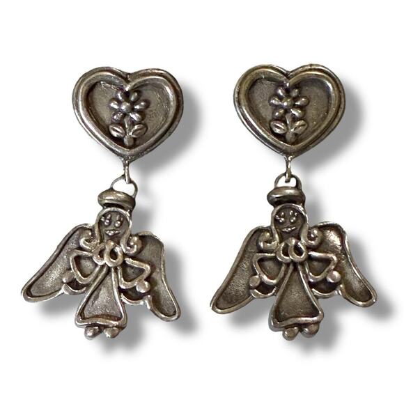 925 Silver Angel Heart Earrings Women’s Dangle Drop 3D Posts Solid Gift READ